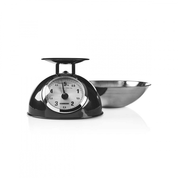 MELISSA Retro Kitchen Scale | Analog | Metal Housing | Removable bowl | Max. 5kg | 25-gram increments | Black