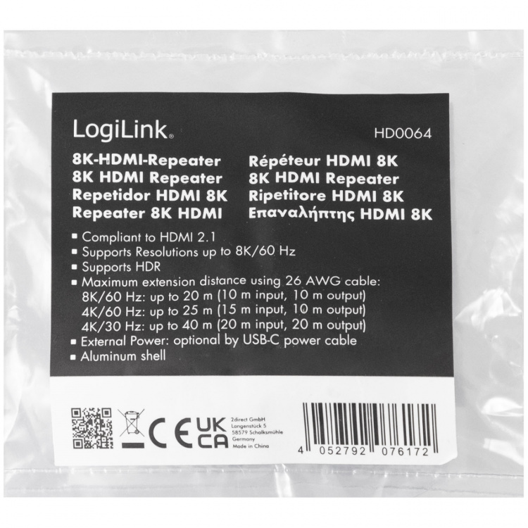 LogiLink HDMI-repeater 20 meter 8K/60Hz HDCP 2.3