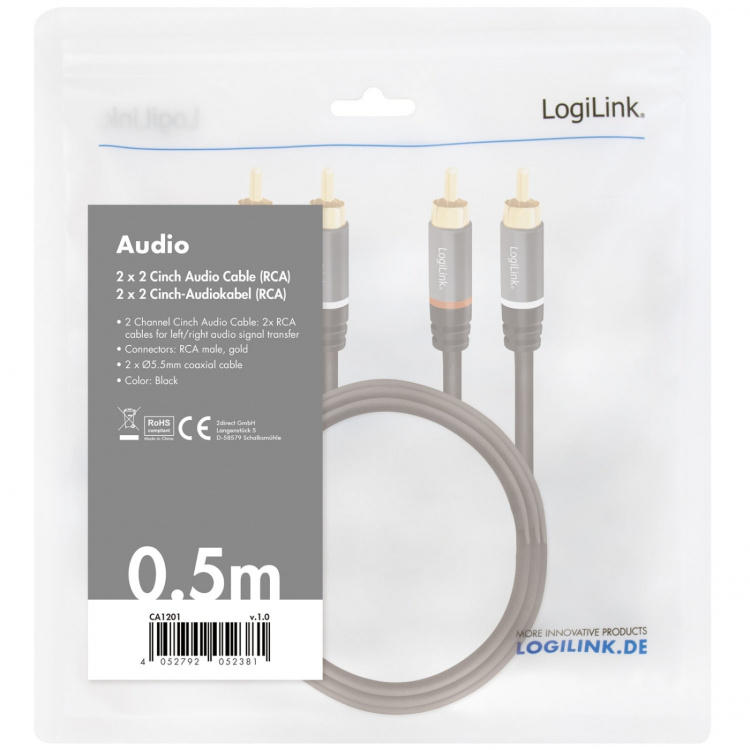 LogiLink Audiokabel 2 x RCA-hane - 2 x RCA-hane 0,5m Metall Svart