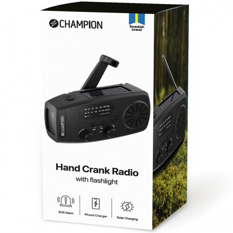 Champion Vevradio med ficklampa och solcell Svart Champion Vevradio med ficklampa och solcell Svart