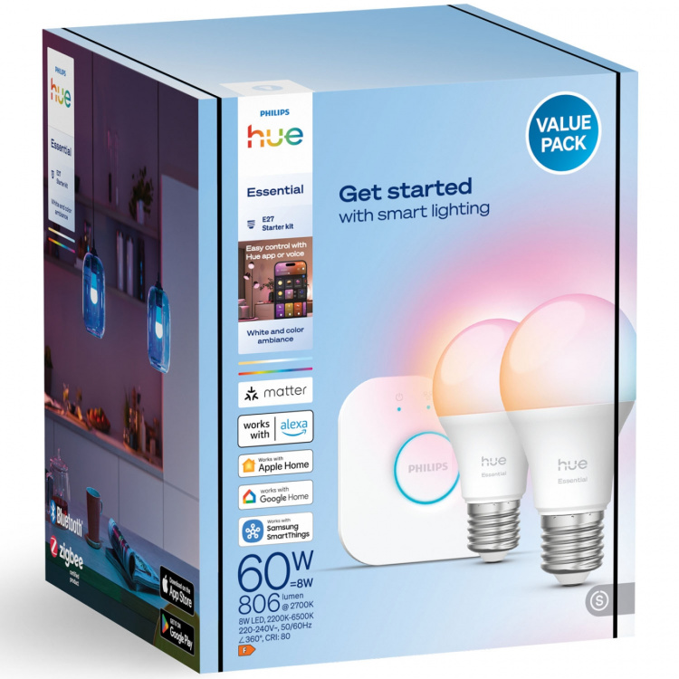 Philips Hue Essential Startkit White and Color Ambiance 2xE27 806lm + Hue Bridge Philips Hue Essential Startkit White and Color Ambiance 2xE27 806lm + Hue Bridge