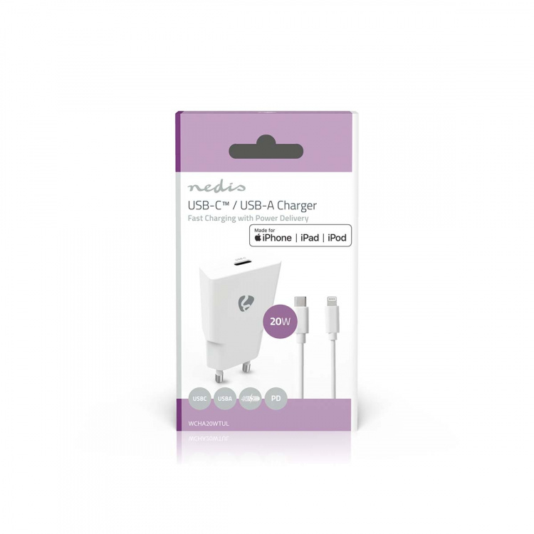 Nedis Wall Charger | PD3.0 | Quick charge feature | 1.67 / 2.22 / 3.0 A | Number of outputs: 1 | USB-C™ | Lightning 8-Pin (Loose) Cable | 1.00 m | Automatic Voltage Selection | White