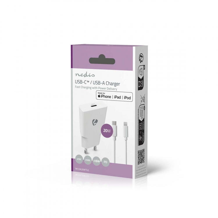 Nedis Wall Charger | PD3.0 | Quick charge feature | 1.67 / 2.22 / 3.0 A | Number of outputs: 1 | USB-C™ | Lightning 8-Pin (Loose) Cable | 1.00 m | Automatic Voltage Selection | White
