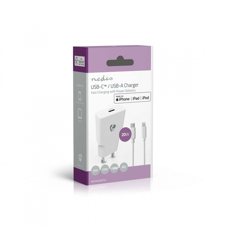 Nedis Wall Charger | PD3.0 | Quick charge feature | 1.67 / 2.22 / 3.0 A | Number of outputs: 1 | USB-C™ | Lightning 8-Pin (Loose) Cable | 1.00 m | Automatic Voltage Selection | White