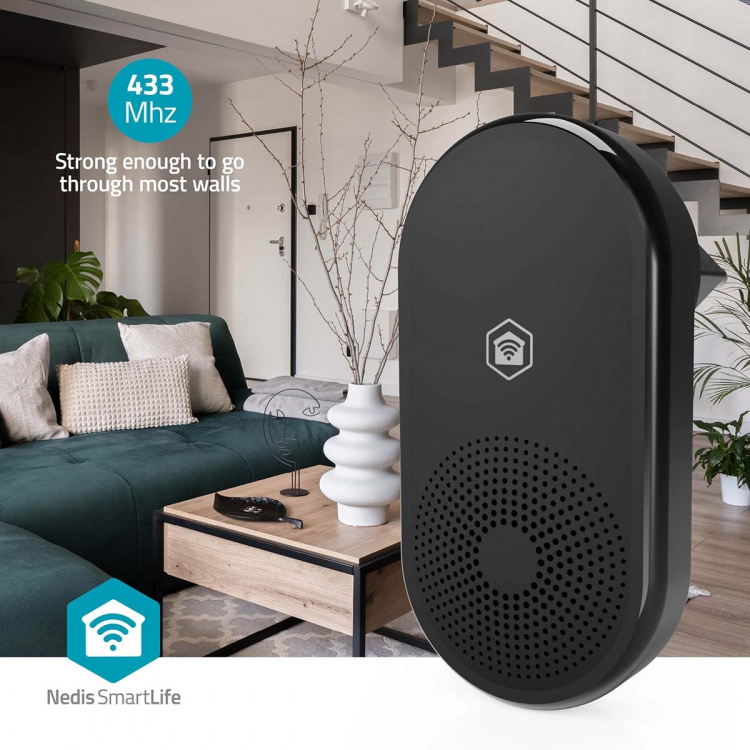 Nedis SmartLife Chime | RF, frequency 433 Mhz | Accessory for: WIFICDP11BK / WIFICDP21BK / WIFICDP31BK | Mains Powered | 55 Sounds | 110 - 240 V AC 50/60 Hz | Adjustable volume | Black Nedis SmartLife Chime | RF, frequency 433 Mhz | Accessory for: WIFICDP11BK / WIFICDP21BK / WIFICDP31BK | Mains Powered | 55 Sounds | 110 - 240 V AC 50/60 Hz | Adjustable volume | Black