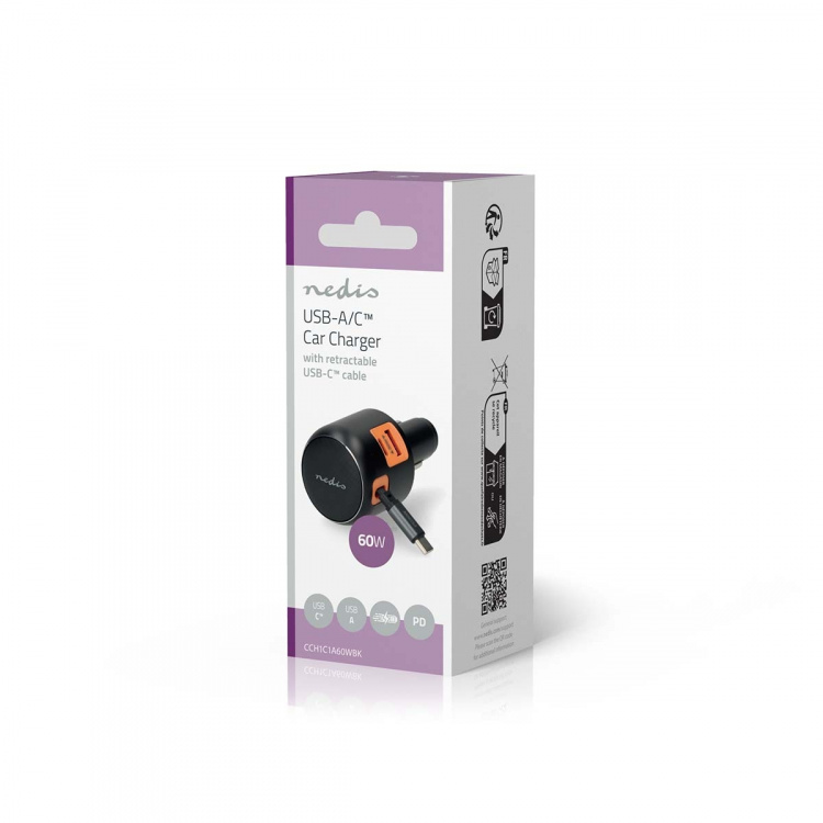 Nedis Car Charger | 2.4 / 3.0 A | Number of outputs: 3 | Port type: USB-A / USB-C™ | USB-C™ Retractable Cable | 0.70 m | Automatic Voltage Selection