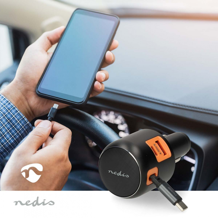 Nedis Car Charger | 2.4 / 3.0 A | Number of outputs: 3 | Port type: USB-A / USB-C™ | USB-C™ Retractable Cable | 0.70 m | Automatic Voltage Selection