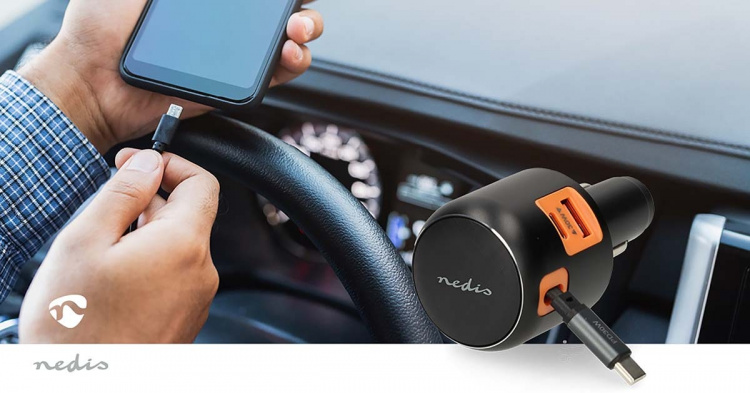 Nedis Car Charger | 2.4 / 3.0 A | Number of outputs: 3 | Port type: USB-A / USB-C™ | USB-C™ Retractable Cable | 0.70 m | Automatic Voltage Selection