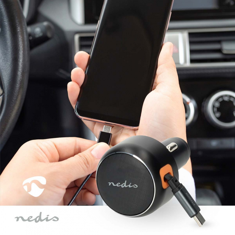 Nedis Car Charger | 2.4 / 3.0 A | Number of outputs: 1 | USB-C™ Retractable Cable | 0.70 m | Automatic Voltage Selection