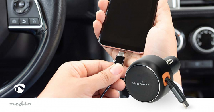 Nedis Car Charger | 2.4 / 3.0 A | Number of outputs: 1 | USB-C™ Retractable Cable | 0.70 m | Automatic Voltage Selection