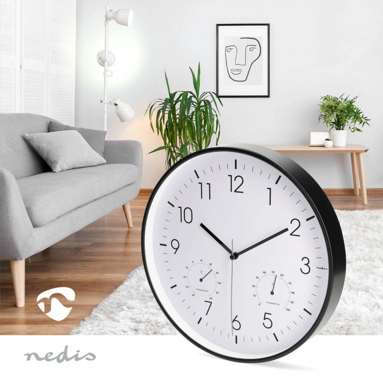 Nedis Wall Clock | Diameter: 300 mm | Plastic | Silent movement | Thermometer | Hygrometer | Black / White