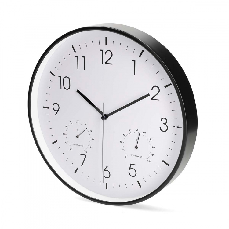 Nedis Wall Clock | Diameter: 300 mm | Plastic | Silent movement | Thermometer | Hygrometer | Black / White