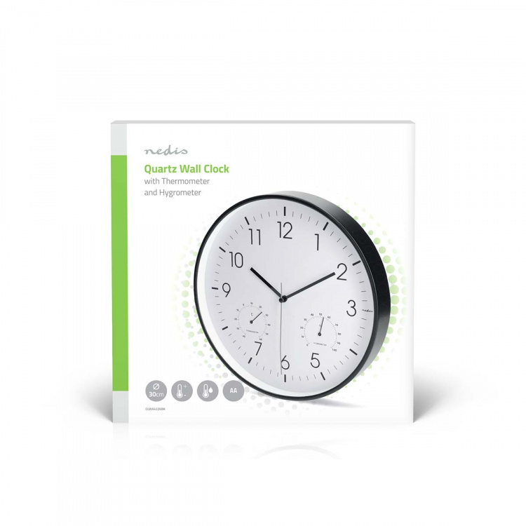 Nedis Wall Clock | Diameter: 300 mm | Plastic | Silent movement | Thermometer | Hygrometer | Black / White