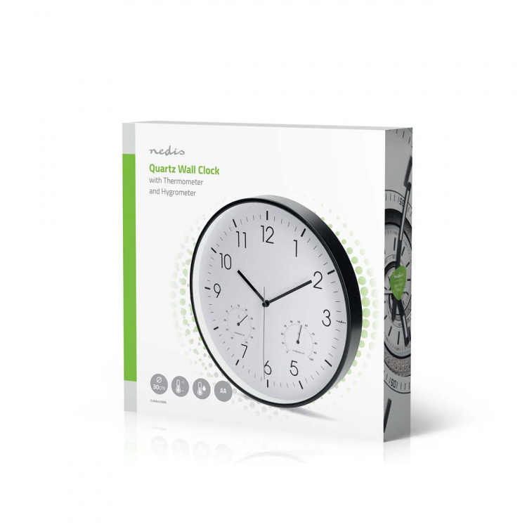 Nedis Wall Clock | Diameter: 300 mm | Plastic | Silent movement | Thermometer | Hygrometer | Black / White