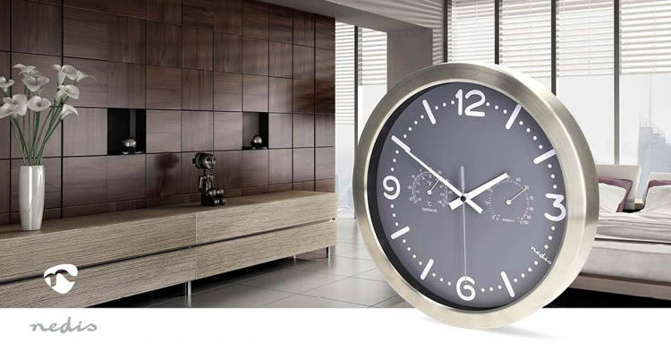 Nedis Wall Clock | Diameter: 300 mm | Stainless Steel | Silent movement | Thermometer | Hygrometer | Grey / Metal