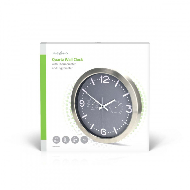 Nedis Wall Clock | Diameter: 300 mm | Stainless Steel | Silent movement | Thermometer | Hygrometer | Grey / Metal