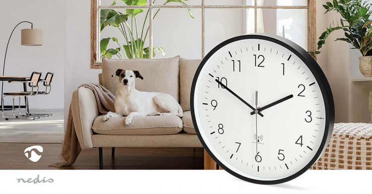 Nedis Wall Clock | Diameter: 300 mm | Plastic | Radio controlled time | Silent movement | Black / White