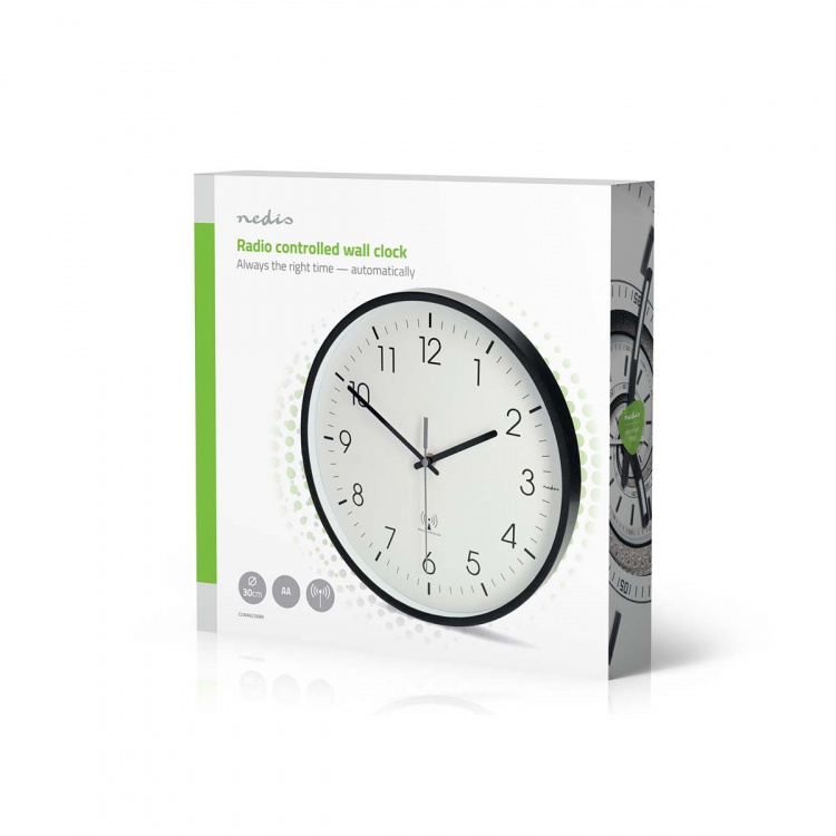Nedis Wall Clock | Diameter: 300 mm | Plastic | Radio controlled time | Silent movement | Black / White