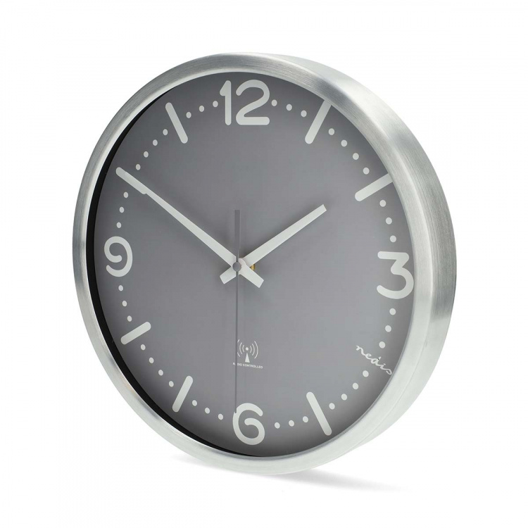 Nedis Wall Clock | Diameter: 300 mm | Aluminium | Radio controlled time | Silent movement | Grey / Metal