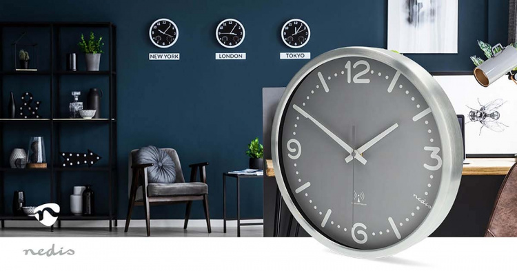 Nedis Wall Clock | Diameter: 300 mm | Aluminium | Radio controlled time | Silent movement | Grey / Metal