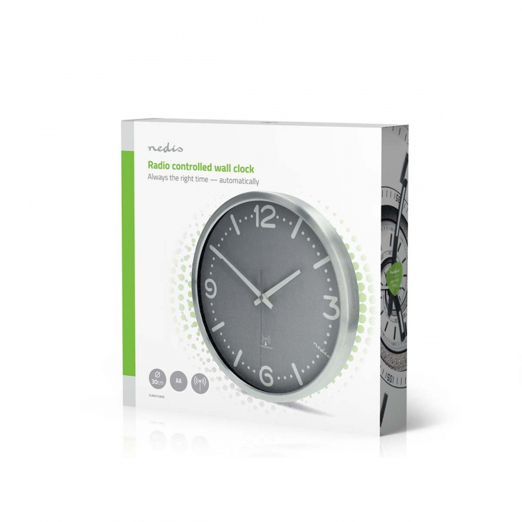 Nedis Wall Clock | Diameter: 300 mm | Aluminium | Radio controlled time | Silent movement | Grey / Metal