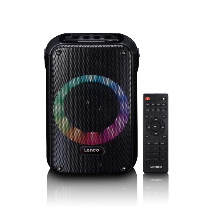 Lenco Karaoke system with Bluetooth®, rechargeable battery, wireless karaoke microphone, and disco LED lighting Black