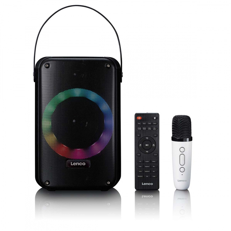 Lenco Karaoke system with Bluetooth®, rechargeable battery, wireless karaoke microphone, and disco LED lighting Black