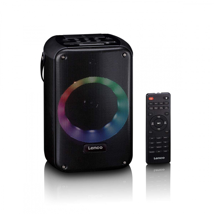 Lenco Karaoke system with Bluetooth®, rechargeable battery, wireless karaoke microphone, and disco LED lighting Black