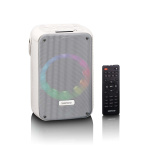 Lenco Karaoke system with Bluetooth®, rechargeable battery, wireless karaoke microphone, and disco LED lighting White Lenco Karaoke system with Bluetooth®, rechargeable battery, wireless karaoke microphone, and disco LED lighting White