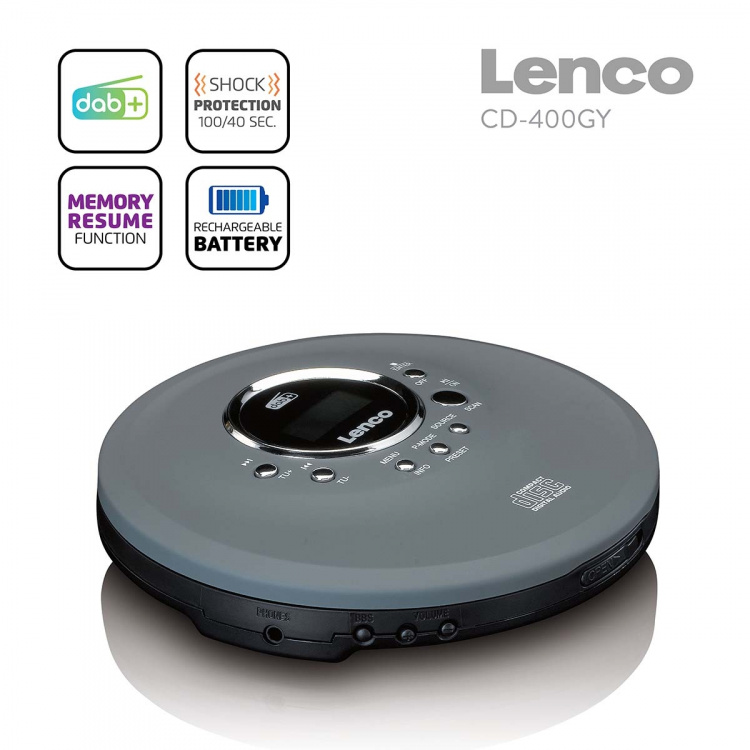 Lenco Discman with DAB+ FM radio rechargable battery Grey Lenco Discman with DAB+ FM radio rechargable battery Grey