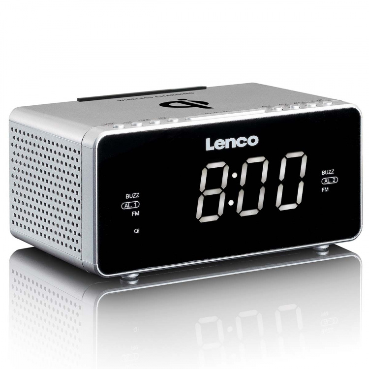 Lenco Stereo FM Clock Radio with USB and Qi Wireless Smartphone charging Silver Lenco Stereo FM Clock Radio with USB and Qi Wireless Smartphone charging Silver
