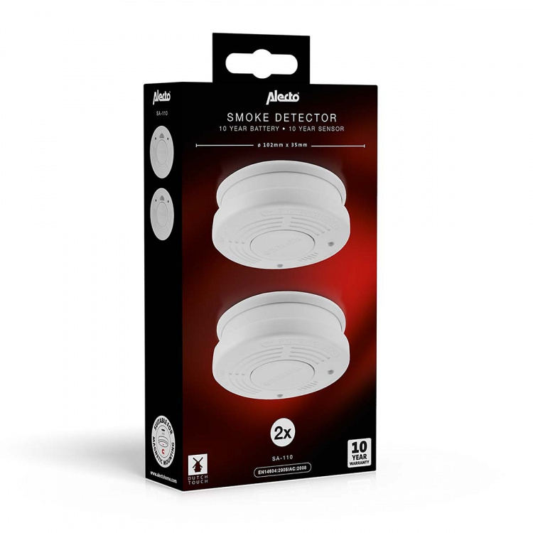 Alecto Smoke detector with 10 year battery + hush 2 pack