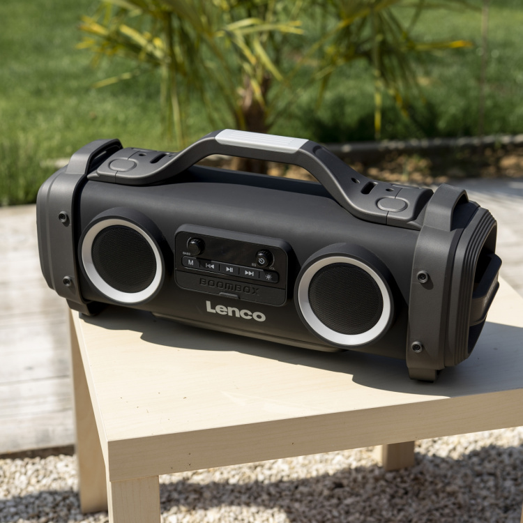 Lenco Splash proof Bluetooth® Speaker FM radio USB and micro SD with Light Effects Black Lenco Splash proof Bluetooth® Speaker FM radio USB and micro SD with Light Effects Black