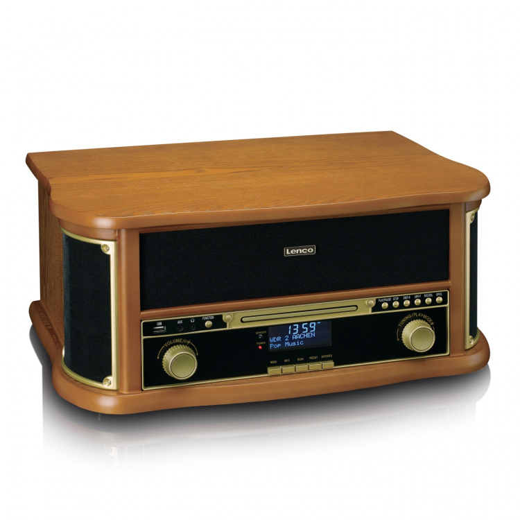 Lenco Wooden retro Record Player with Bluetooth®, DAB+/FM radio, USB encoding, CD player, cassette player, and built-in speakers Lenco Wooden retro Record Player with Bluetooth®, DAB+/FM radio, USB encoding, CD player, cassette player, and built-in speakers