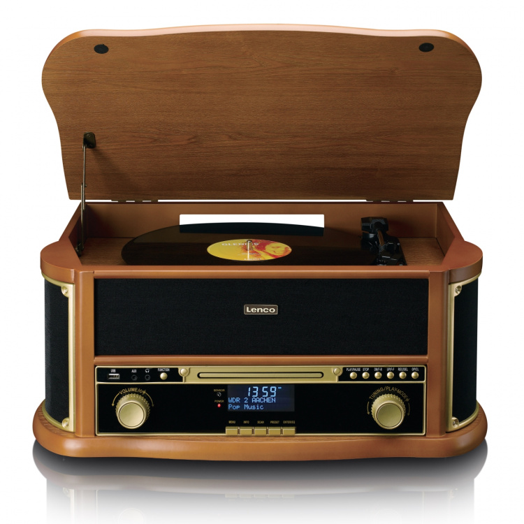 Lenco Wooden retro Record Player with Bluetooth®, DAB+/FM radio, USB encoding, CD player, cassette player, and built-in speakers Lenco Wooden retro Record Player with Bluetooth®, DAB+/FM radio, USB encoding, CD player, cassette player, and built-in speakers
