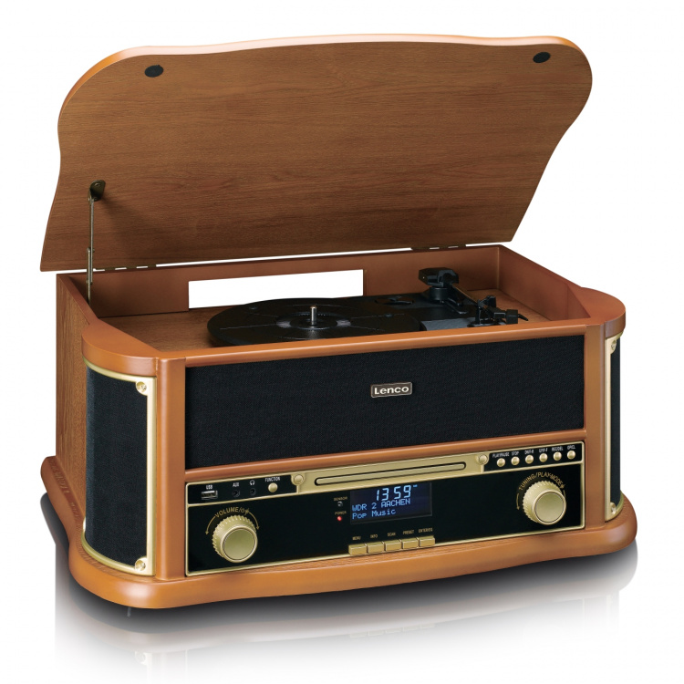Lenco Wooden retro Record Player with Bluetooth®, DAB+/FM radio, USB encoding, CD player, cassette player, and built-in speakers Lenco Wooden retro Record Player with Bluetooth®, DAB+/FM radio, USB encoding, CD player, cassette player, and built-in speakers