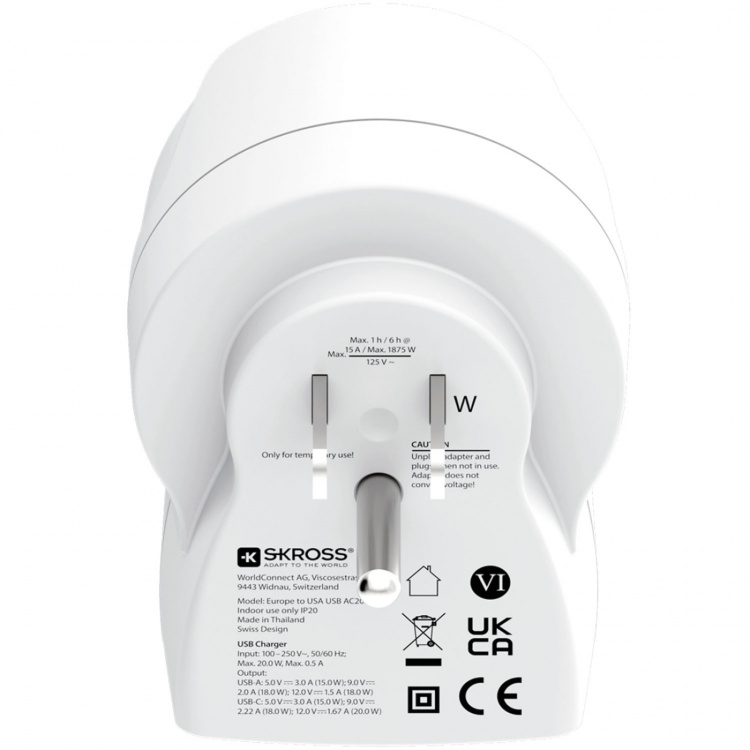 SKROSS Travel Adapter Europe to USA and others USB-A/USB-C 20W PD Grounded SKROSS Travel Adapter Europe to USA and others USB-A/USB-C 20W PD Grounded