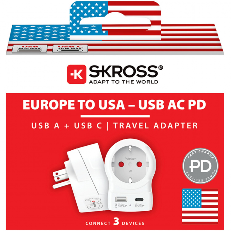 SKROSS Travel Adapter Europe to USA and others USB-A/USB-C 20W PD Grounded SKROSS Travel Adapter Europe to USA and others USB-A/USB-C 20W PD Grounded