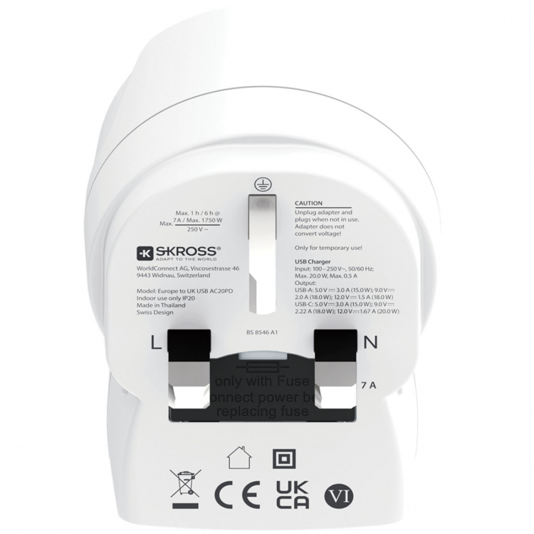 SKROSS Travel Adapter Europe to UK and others USB-A/USB-C 20W PD Grounded SKROSS Travel Adapter Europe to UK and others USB-A/USB-C 20W PD Grounded