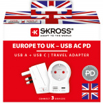 SKROSS Travel Adapter Europe to UK and others USB-A/USB-C 20W PD Grounded SKROSS Travel Adapter Europe to UK and others USB-A/USB-C 20W PD Grounded