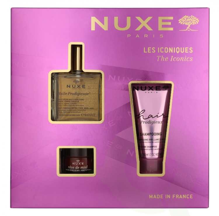 Nuxe The Iconics Giftset 115 ml Huile Prodigieuse 50ml/Honey Lip Balm 15g/High Shine Shampoo 50ml