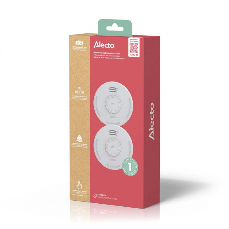 Alecto Stand alone smoke alarm with 1 year battery White 2 pcs