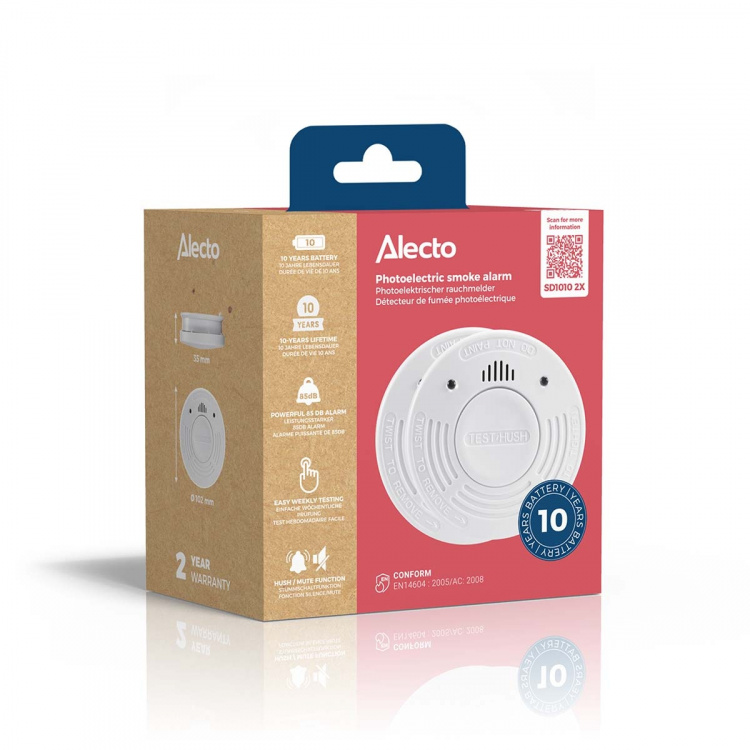 Alecto Smoke detector with 10 years battery and sensor runtime 2-pack White