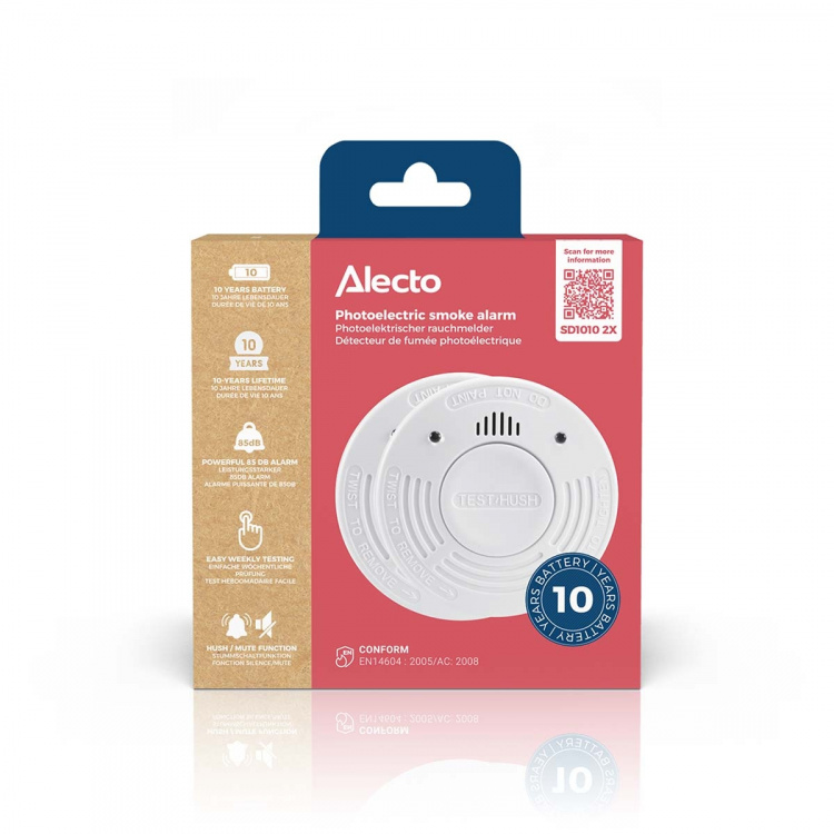 Alecto Smoke detector with 10 years battery and sensor runtime 2-pack White