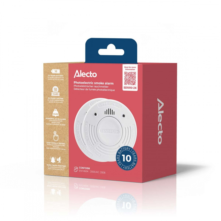 Alecto Smoke detector with 10 years battery and sensor runtime 2-pack White
