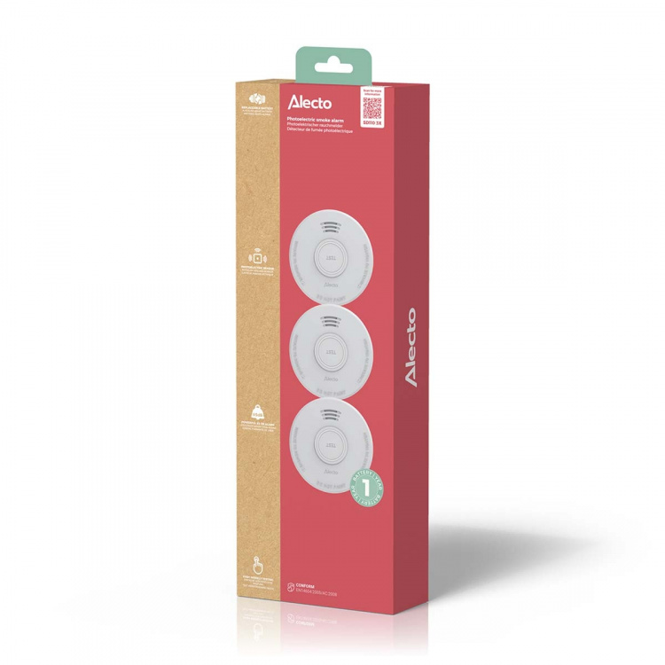Alecto Stand alone smoke alarm with 1 year battery White 3 pcs