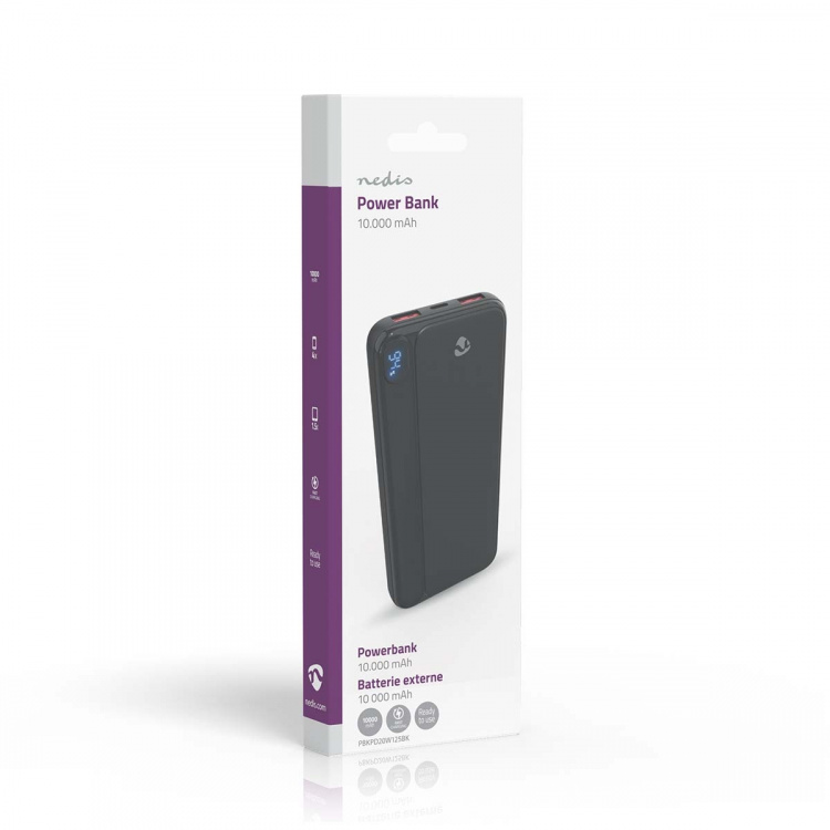 Nedis Powerbank | 10000 mAh | 1.5 / 1.67 / 2.0 / 2.22 / 3.0 A | Number of outputs: 3 | Output connection: 1x USB-C™ / 2x USB-A | Input connection: 1x USB-C™ | PD3.0 20W | Lithium-Polymer | Display