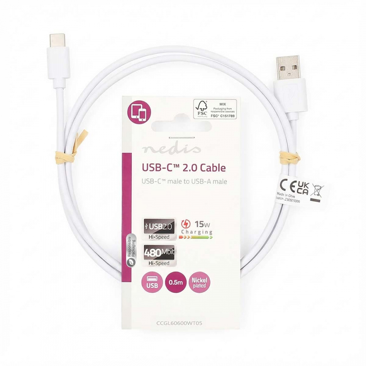 Nedis USB Cable | USB 2.0 | USB-A Male | USB-C™ Male | 15 W | 480 Mbps | Nickel Plated | 0.50 m | Round | PVC | White | Label