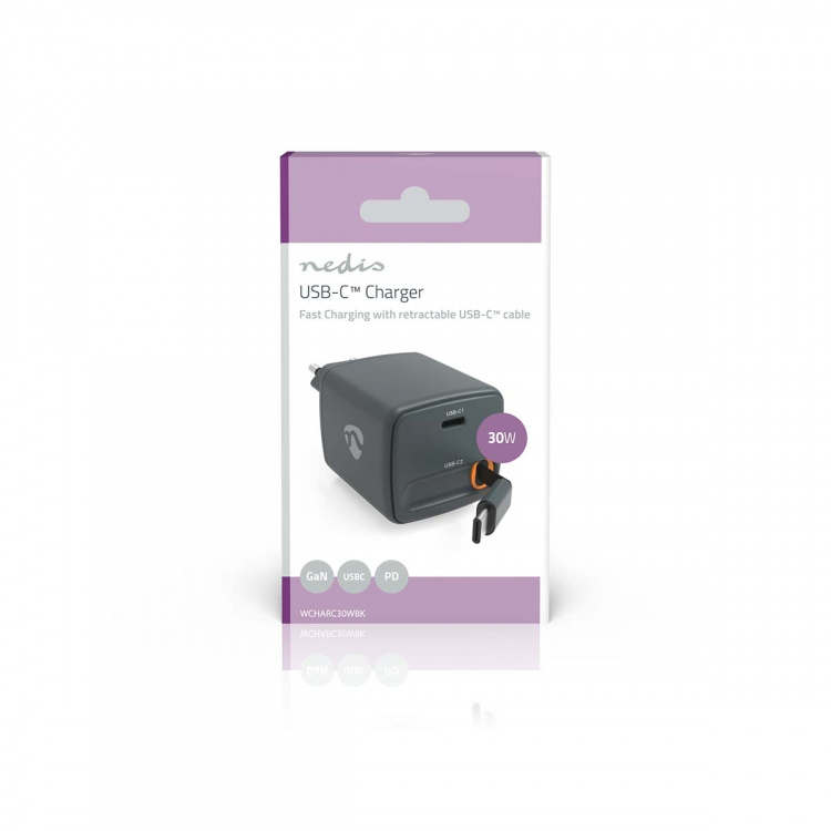 Nedis Wall Charger | PD3.0 30W | 1.5 / 2.0 / 2.5 / 3.0 A | Number of outputs: 1 | USB-C™ | USB-C™ Retractable Cable | 0.75 m | Automatic Voltage Selection | Black
