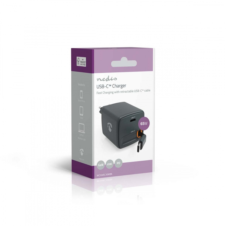 Nedis Wall Charger | PD3.0 30W | 3.0 / 3.25 A | Number of outputs: 1 | USB-C™ | USB-C™ Retractable Cable | 0.75 m | Automatic Voltage Selection | Black